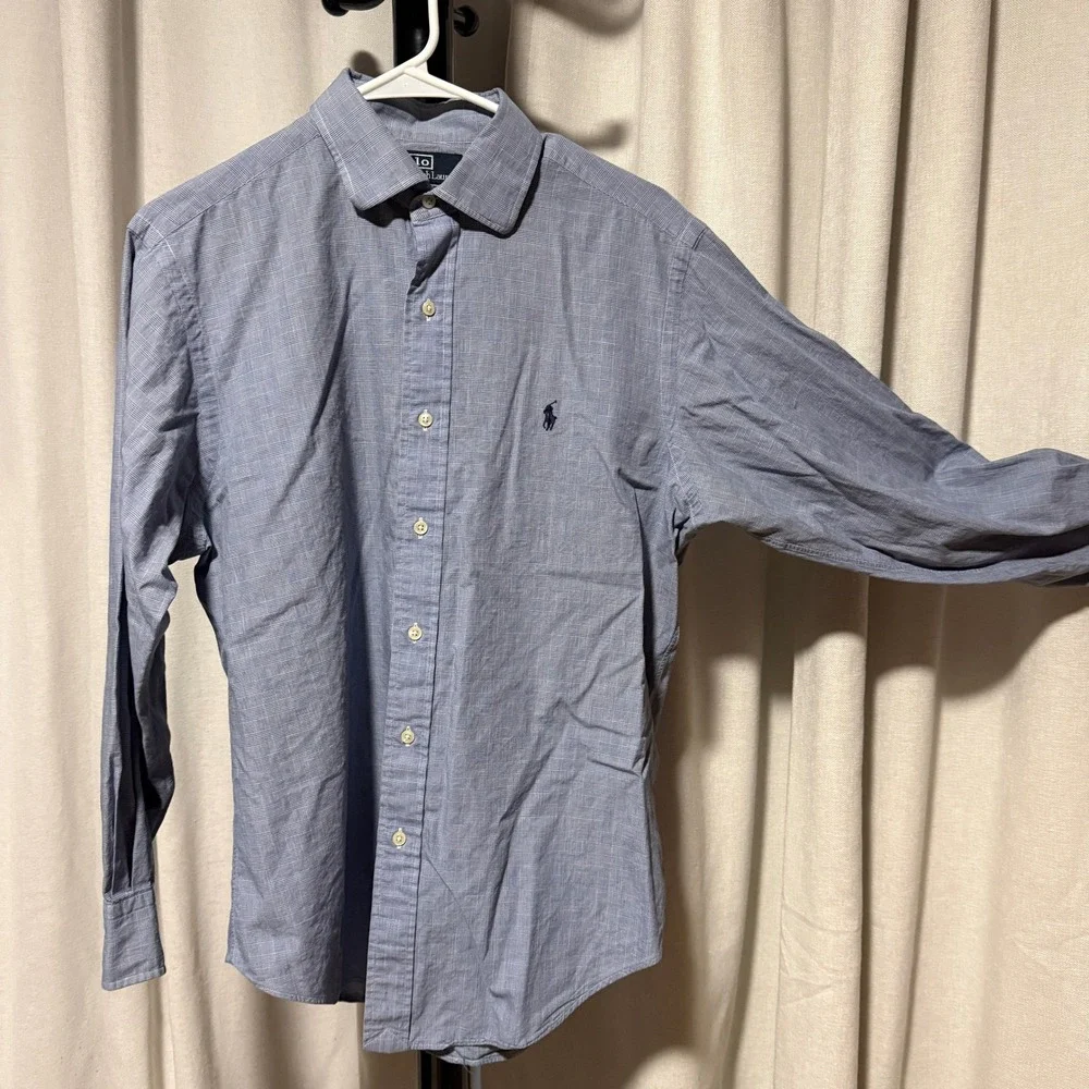Polo Ralph Lauren Mens Blue Micro Check Button Down Shirt Long Sleeve Monogram